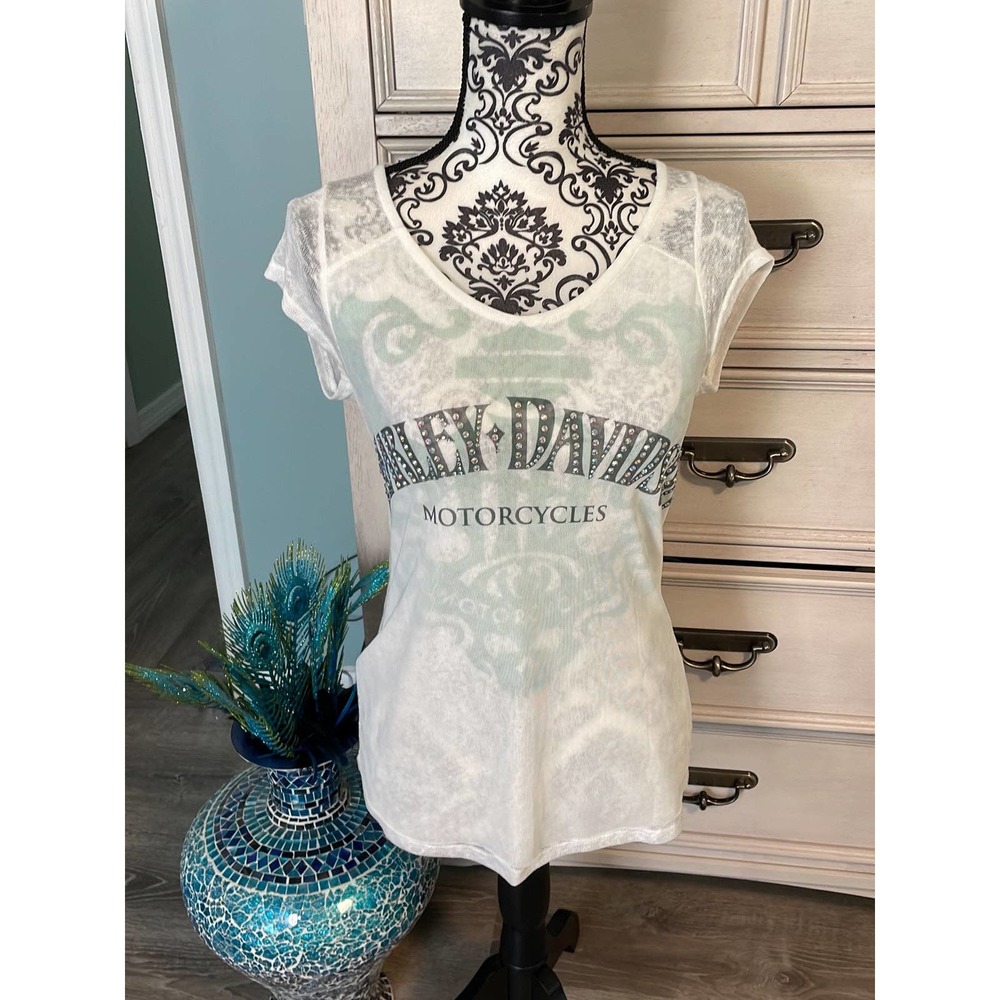 Women’s mesh Harley Davidson, white/green bling, jewel, graphic shirt, med